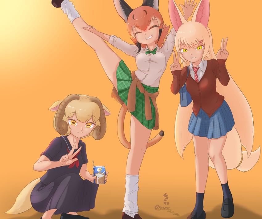 caracal, oinari-sama, and sheep (kemono friends) drawn by nokemono-san_(bocchi_friend)