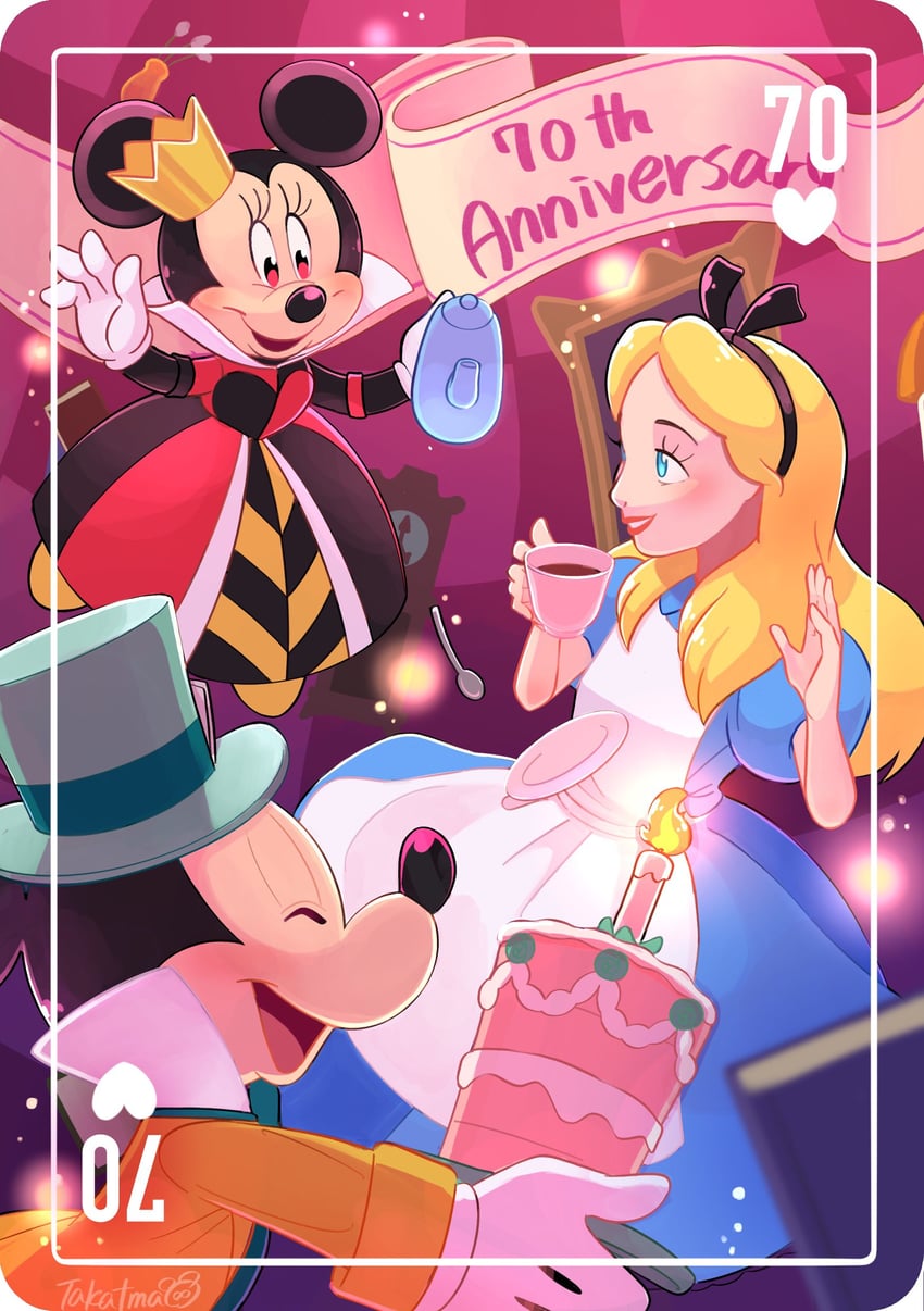 mickey mouse, minnie mouse, alice, and queen of hearts (mickey mouse & friends and 2 more) drawn by takatmaorange