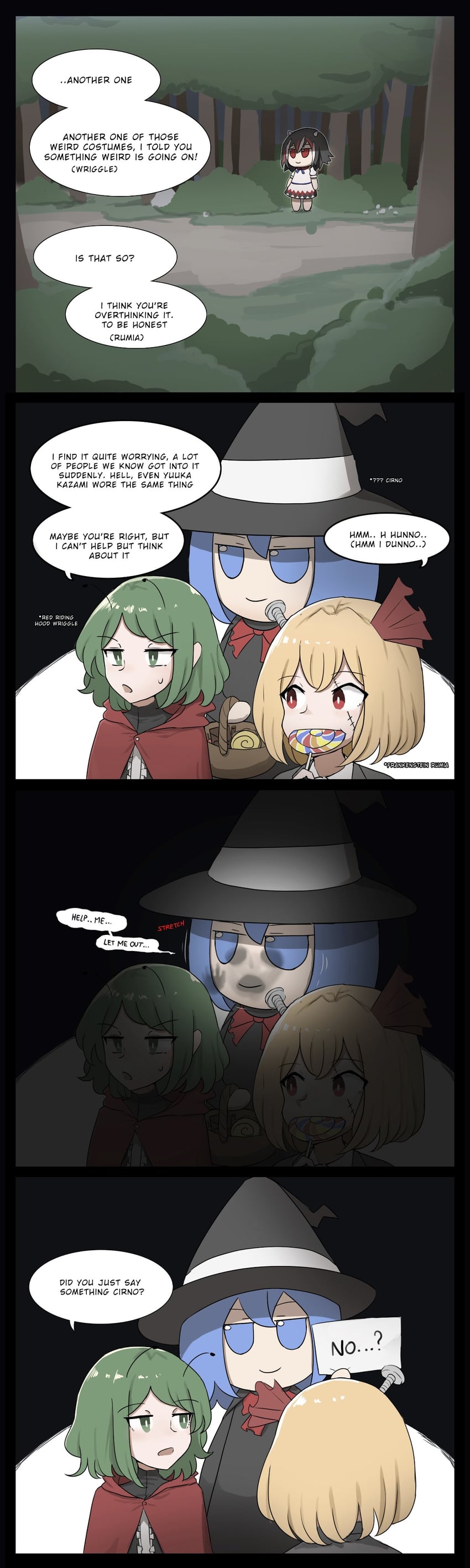 cirno, rumia, wriggle nightbug, kijin seija, little red riding hood, and 1 more (touhou and 1 more) drawn by mata_(matasoup)