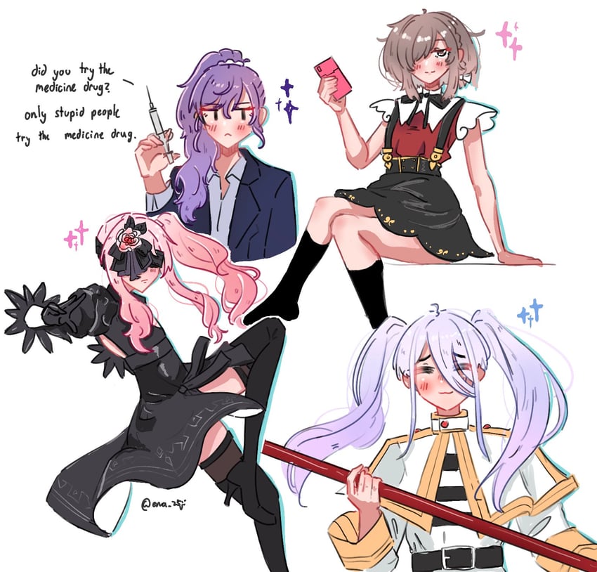 2b, frieren, asahina mafuyu, shinonome ena, akiyama mizuki, and 3 more (project sekai and 5 more) drawn by ena_25ji