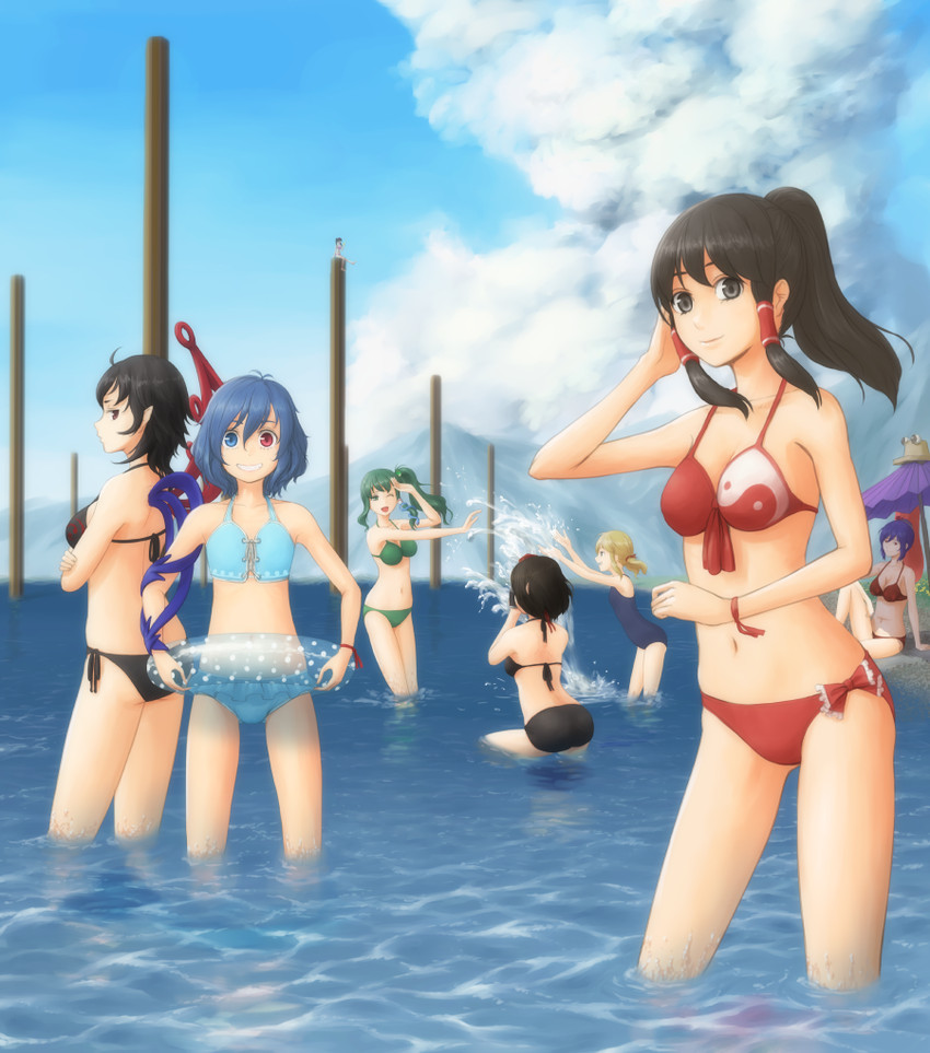 hakurei reimu, kochiya sanae, shameimaru aya, moriya suwako, tatara kogasa, and 3 more (touhou) drawn by kitano_(kitanosnowwhite)