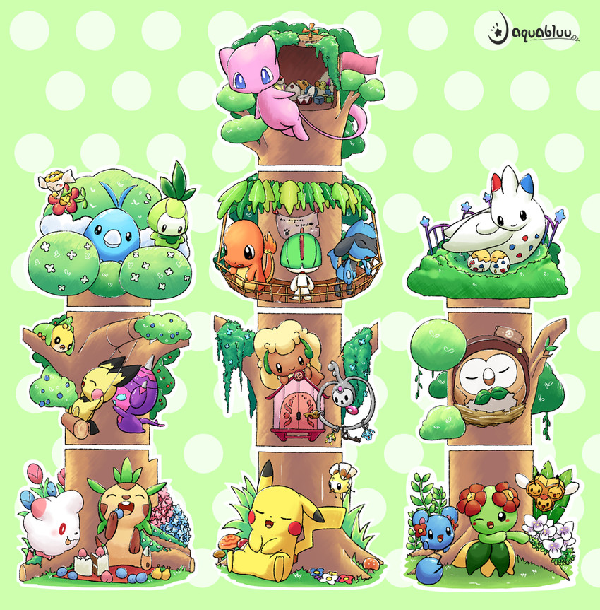 pikachu, rowlet, charmander, pichu, mew, and 17 more (pokemon) drawn by aquabluu