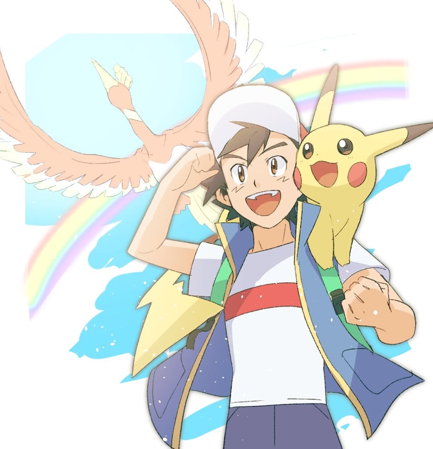 pikachu, ash ketchum, and ho-oh (pokemon and 1 more) drawn by morio_(poke_orio)
