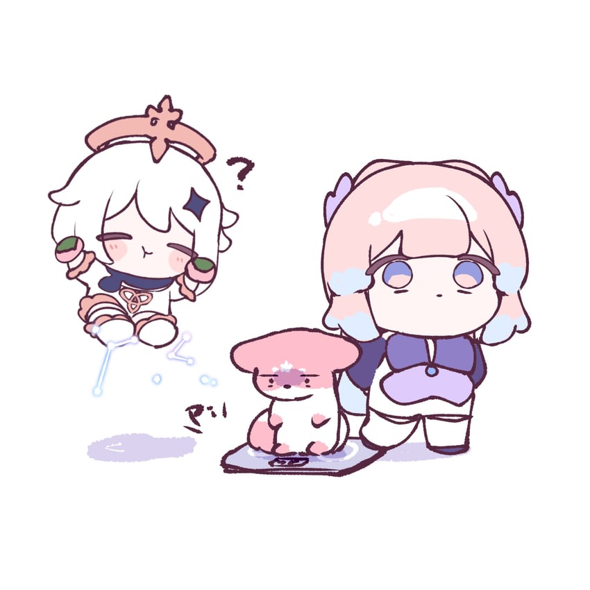 yae miko, paimon, and sangonomiya kokomi (genshin impact) drawn by mikurumikurumi