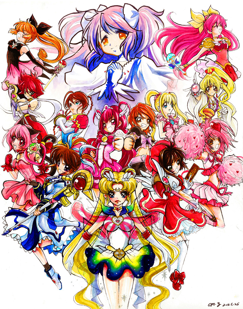 kaname madoka, takamachi nanoha, kinomoto sakura, tsukino usagi, ultimate madoka, and 20 more (mahou shoujo madoka magica and 15 more) drawn by rurisen_(yaoihyper)