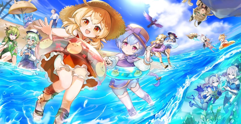 mona, paimon, klee, fischl, barbara, and 10 more (genshin impact) drawn by okkobc