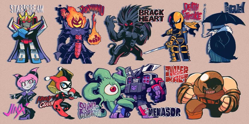 harley quinn, starscream, jinx, shuma gorath, juggernaut, and 5 more (marvel and 3 more) drawn by rariatto_(ganguri)
