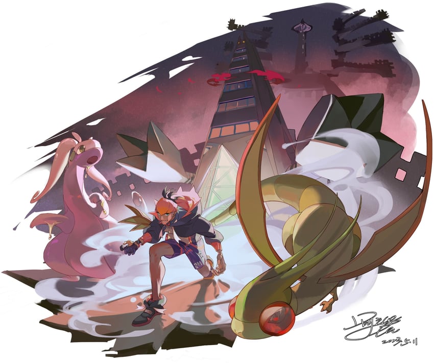 raihan, flygon, goodra, duraludon, and gigantamax duraludon (pokemon and 1 more) drawn by coo2co2
