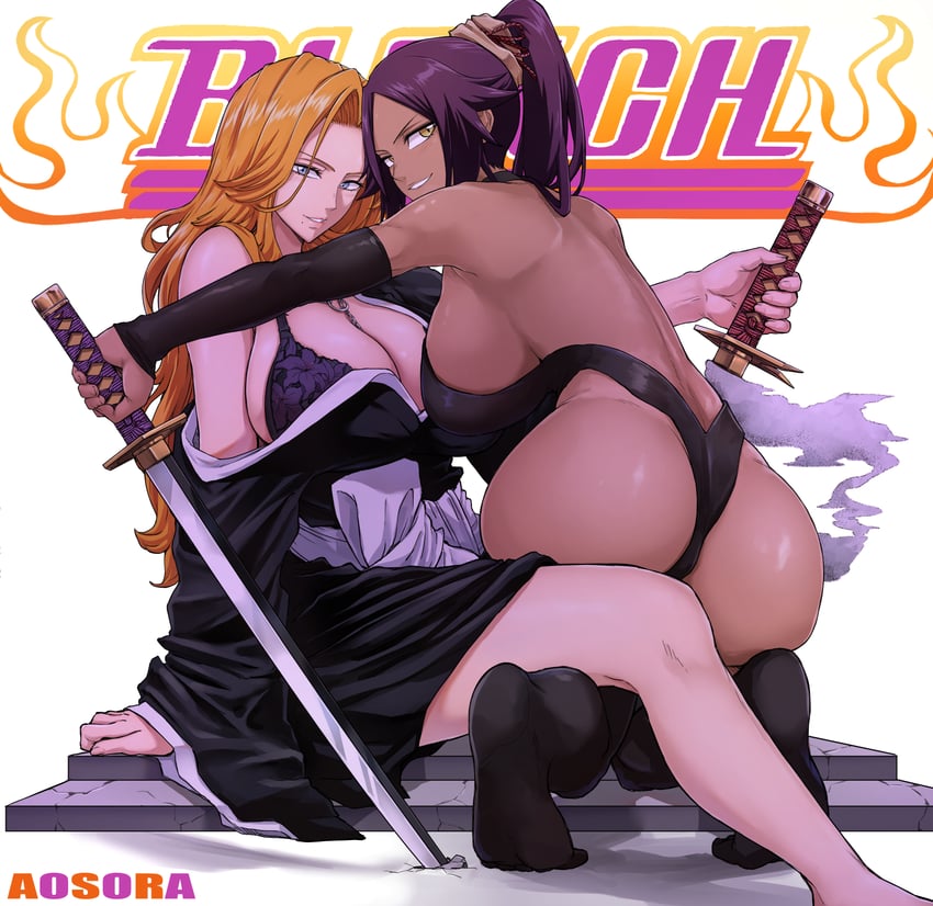 shihouin yoruichi and matsumoto rangiku (bleach) drawn by aosora2823