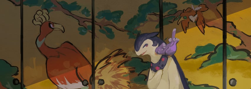 ho-oh, hisuian typhlosion, oricorio, and cramorant (pokemon) drawn by aomidori_iro