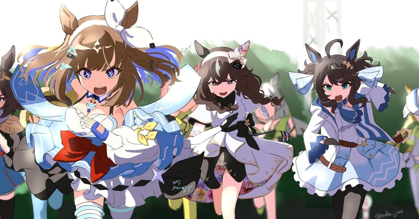 daring tact, almond eye, curren bouquetd'or, and contrail (umamusume) drawn by yukke_jan