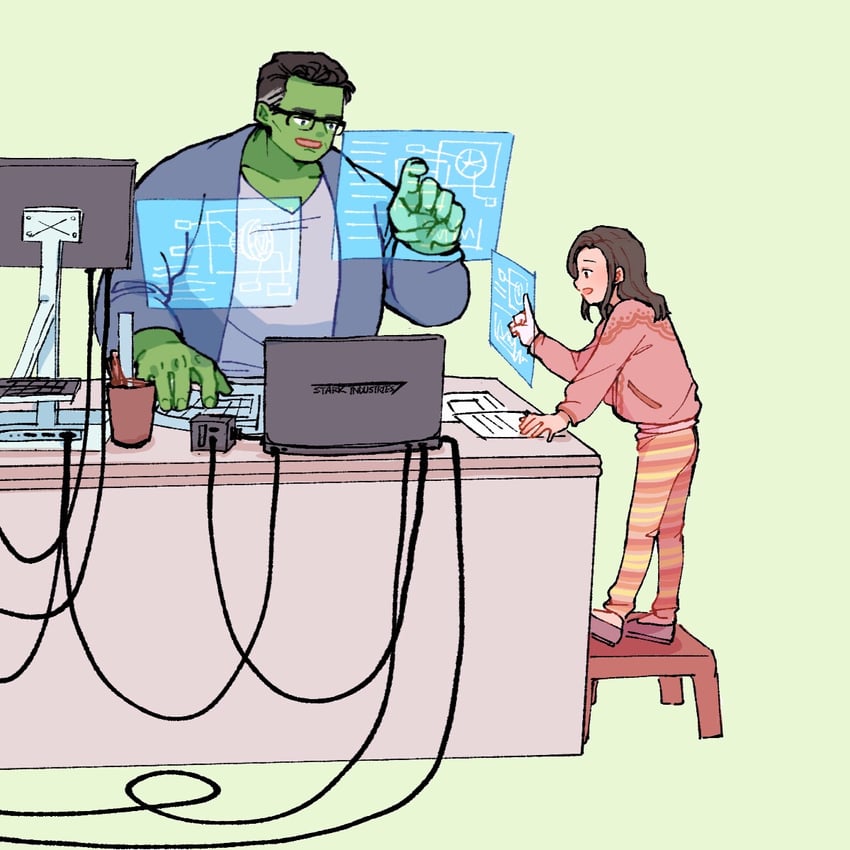 hulk and morgan stark (marvel and 3 more) drawn by wodeyongheng