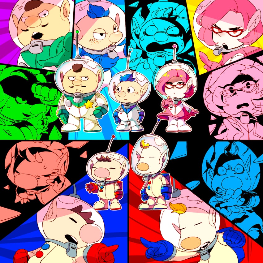 olimar, louie, alph, brittany, and charlie (pikmin) drawn by shirushiki
