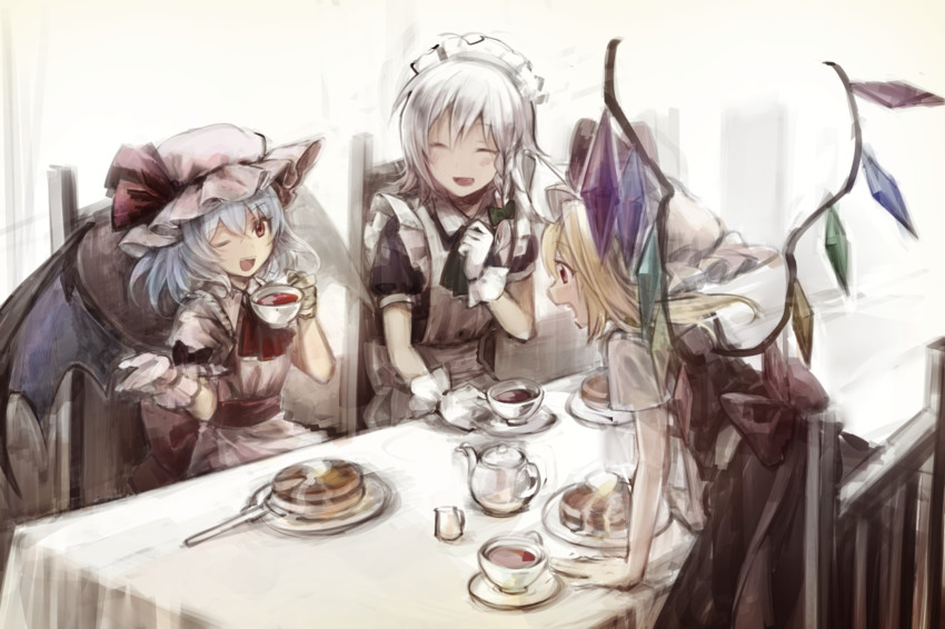 remilia scarlet, flandre scarlet, and izayoi sakuya (touhou) drawn by yuki_(popopo)