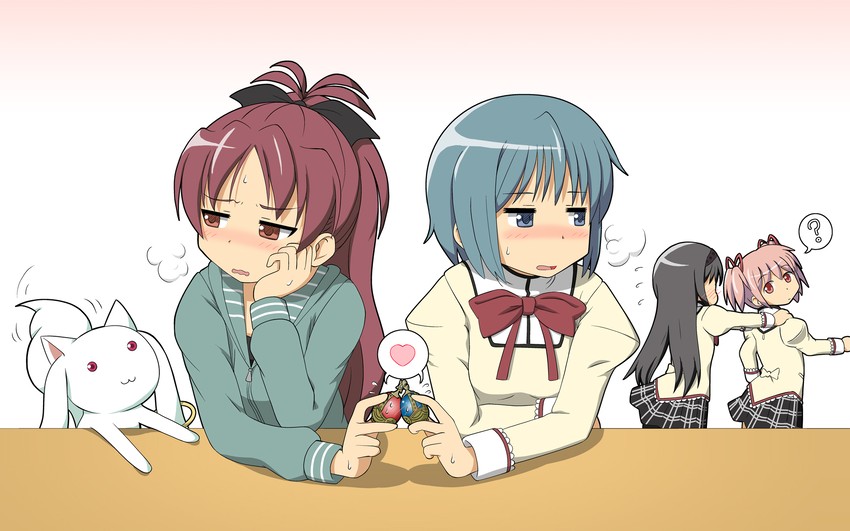 akemi homura, kaname madoka, miki sayaka, sakura kyoko, and kyubey (mahou shoujo madoka magica) drawn by hiraizumi_(mugenkidousha)