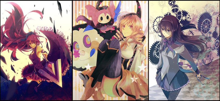 akemi homura, sakura kyoko, tomoe mami, and charlotte (mahou shoujo madoka magica) drawn by suribachi_(miyabi)