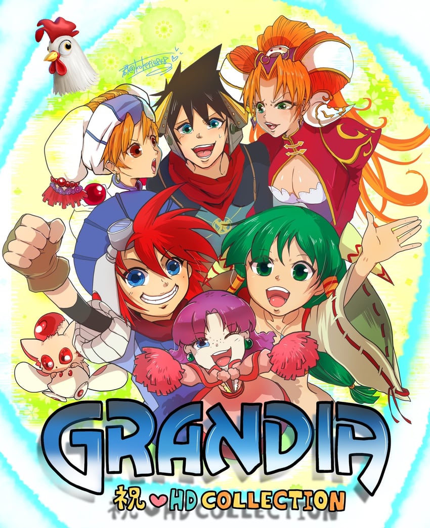 feena, justin, sue, puui, millenia, and 3 more (grandia and 2 more) drawn by kokepi