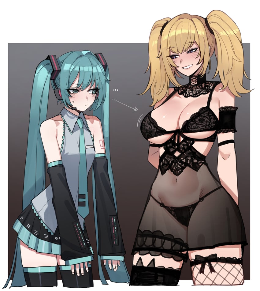 hatsune miku and ani (vocaloid and 2 more) drawn by ratatatat74