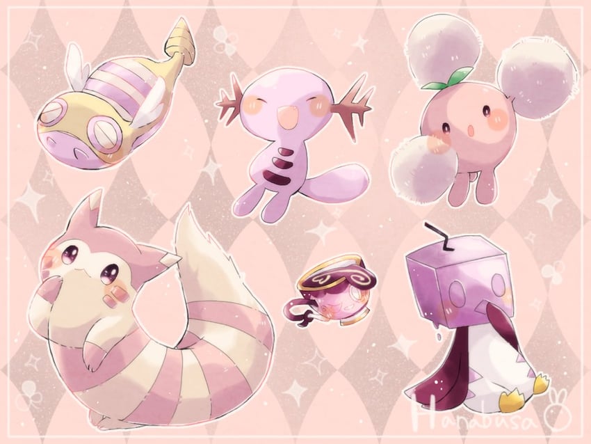 furret, wooper, jumpluff, sinistea, eiscue, and 1 more (pokemon) drawn by hanabusaoekaki