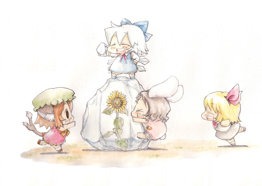 cirno, rumia, chen, and inaba tewi (touhou) drawn by baku_taso
