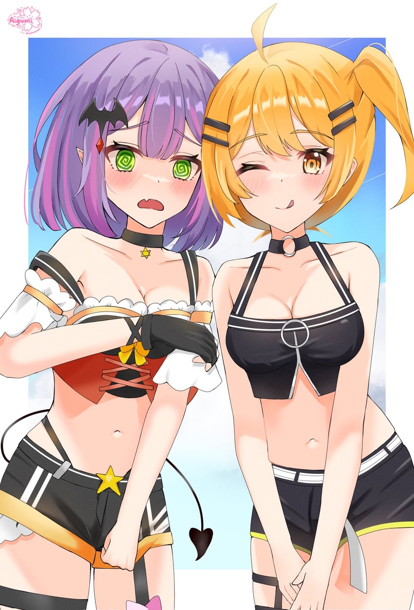 tokoyami towa and yozora mel (hololive) drawn by lycheetako