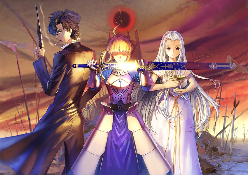 artoria pendragon, saber, emiya kiritsugu, and irisviel von einzbern (fate and 1 more) drawn by jeanex