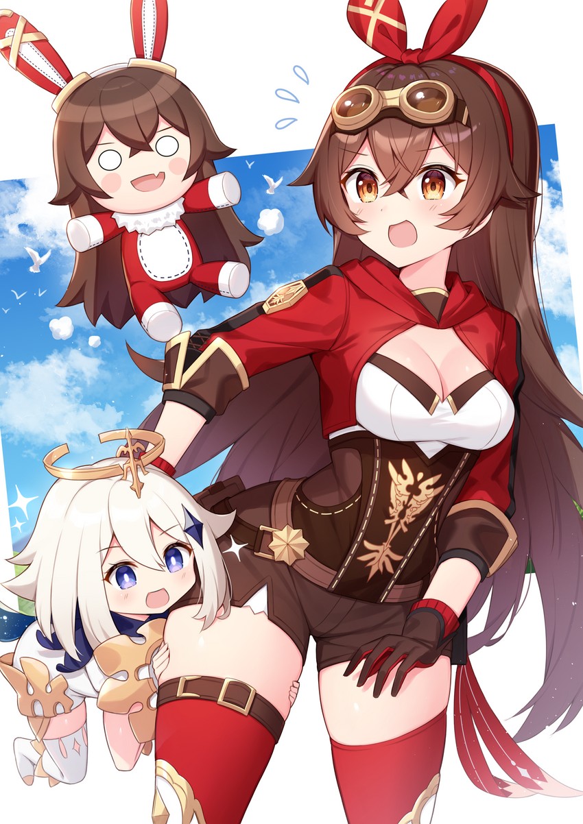 paimon, amber, and baron bunny (genshin impact) drawn by t@ke-g