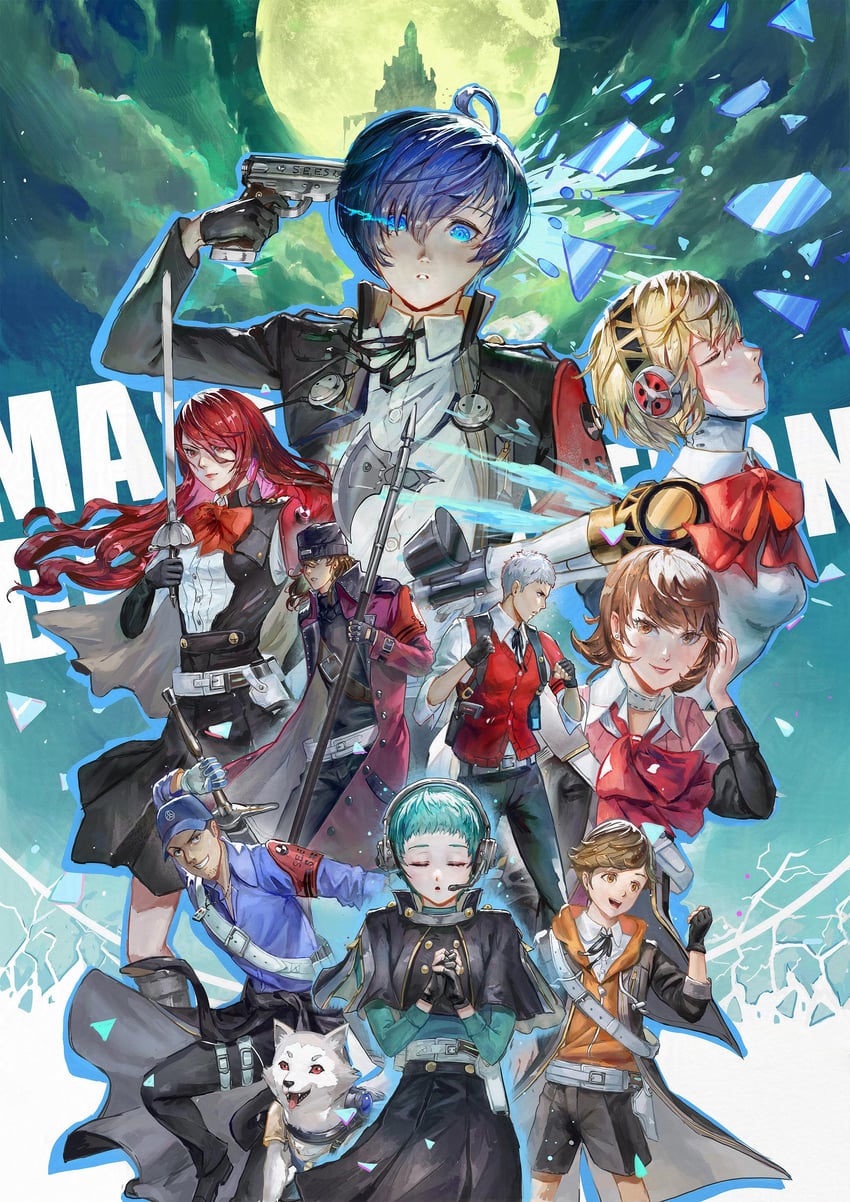 yuuki makoto, aigis, takeba yukari, kirijou mitsuru, yamagishi fuuka, and 5 more (persona and 1 more) drawn by tim_kong