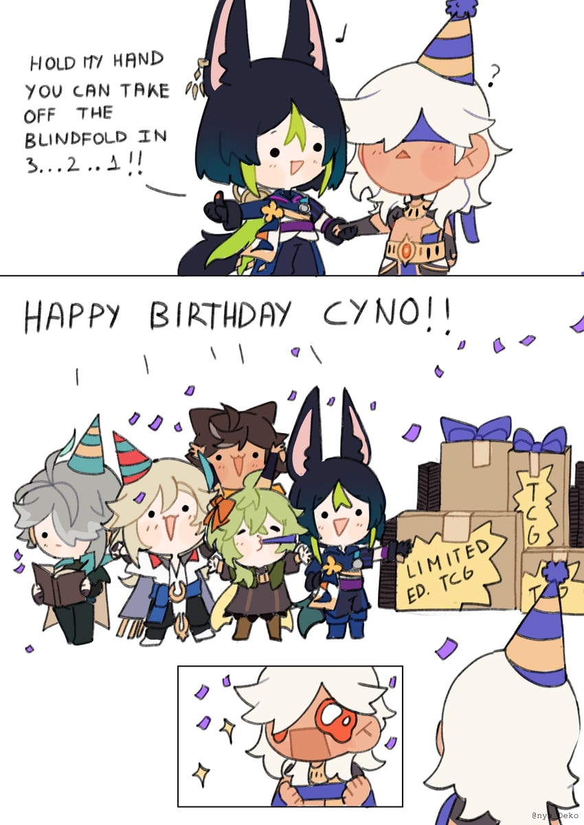 alhaitham, tighnari, kaveh, cyno, collei, and 1 more (genshin impact) drawn by nya_deko