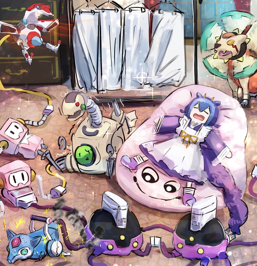 laundry dragonmaid, marshmallon, appliancer laundry dragon, appliancer propelion, appliancer socketroll, and 3 more (yu-gi-oh!) drawn by hatano_kiyoshi