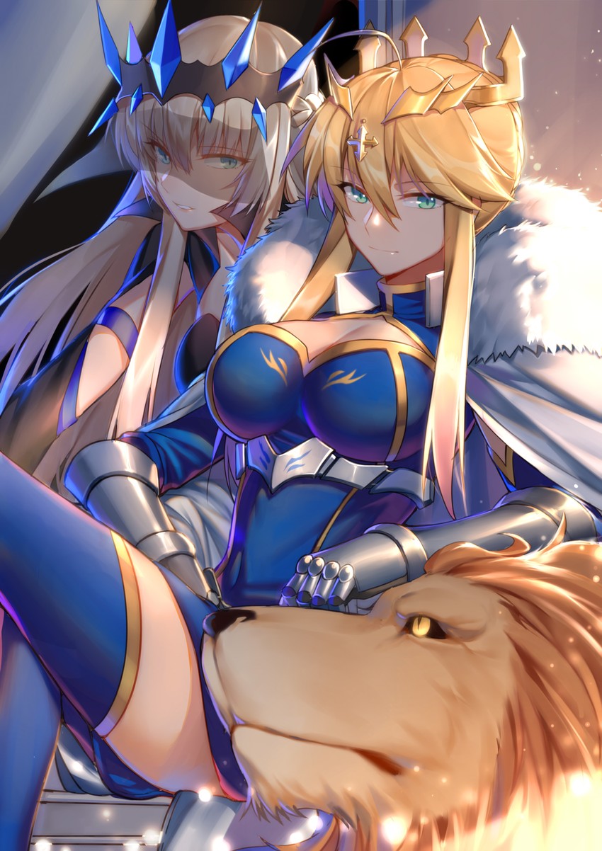 artoria pendragon, morgan le fay, and lion king (fate and 2 more) drawn by yorukun