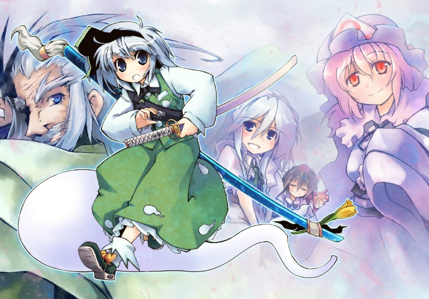 izayoi sakuya, konpaku youmu, shameimaru aya, reisen udongein inaba, saigyouji yuyuko, and 1 more (touhou) drawn by nanaroku_(fortress76)