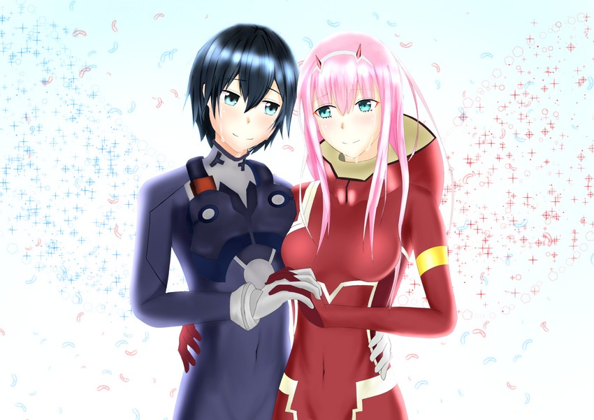 zero two and hiro (darling in the franxx) drawn by kyun_(tokkyun)