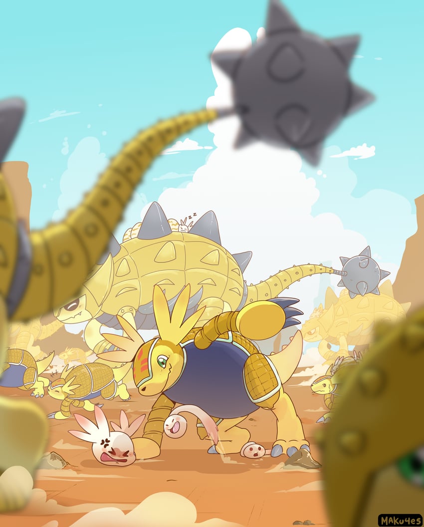 armadimon, upamon, tsubumon, and ankylomon (digimon and 1 more) drawn by maku4es