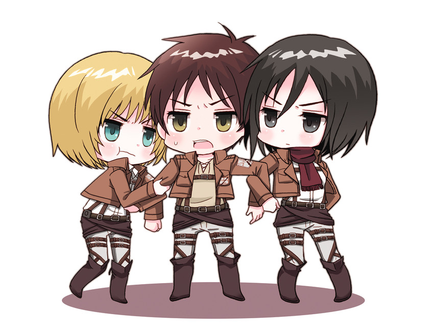 mikasa ackerman, eren yeager, and armin arlert (shingeki no kyojin) drawn by hokkekan