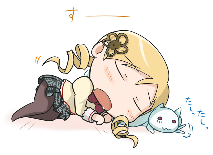 tomoe mami and kyubey (mahou shoujo madoka magica) drawn by denden