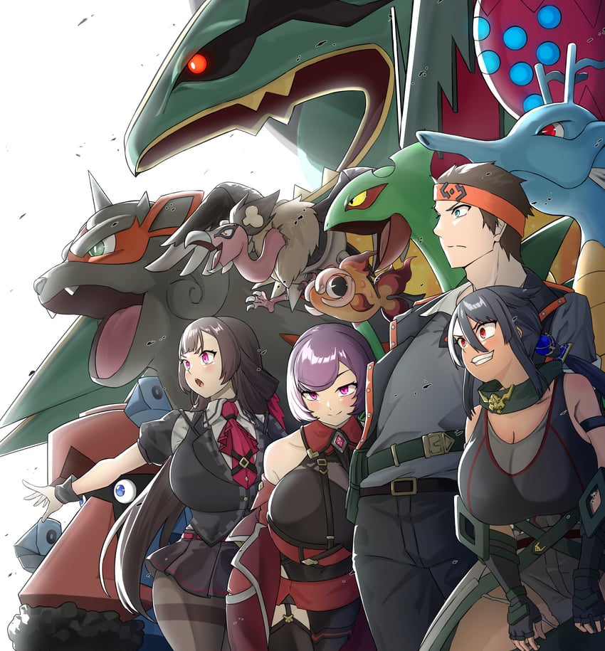 brendan, rayquaza, courtney, zinnia, roxanne, and 9 more (pokemon and 1 more) drawn by hizakake