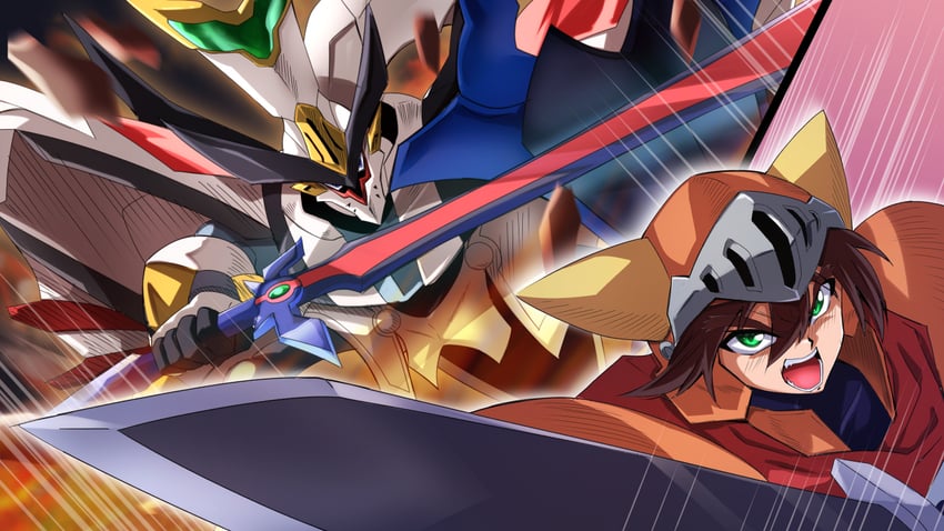 adeu warsam and ryu paladin lord zephyr (haou taikei ryuu knight) drawn by shimazu_kaname