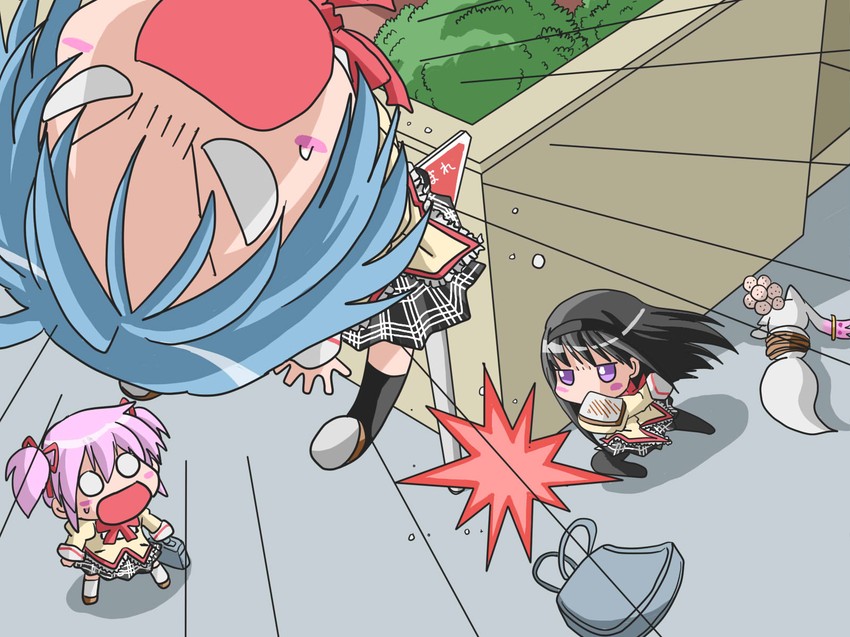 akemi homura, kaname madoka, miki sayaka, and kyubey (mahou shoujo madoka magica) drawn by hohetomaru