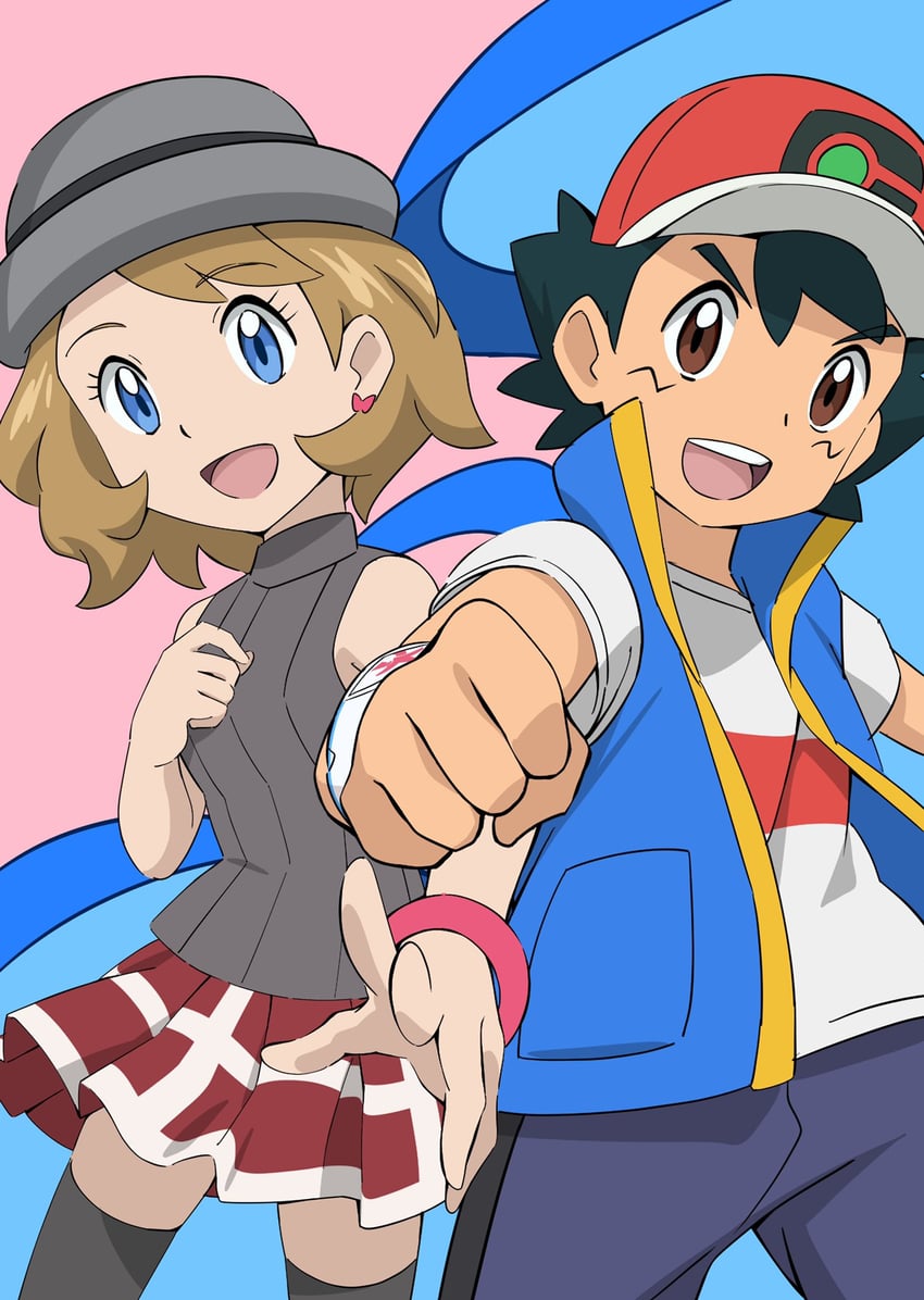 ash ketchum and serena (pokemon and 1 more) drawn by yusuke_oshida