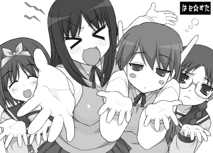 kurusugawa ayaka, hoshina tomoko, serio, and kamigishi akari (lucky star and 1 more) drawn by shichimenchou