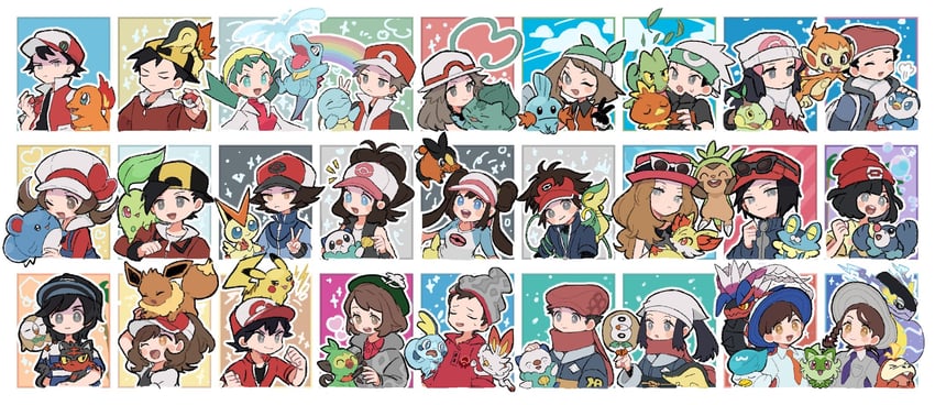 pikachu, dawn, may, rosa, hilda, and 53 more (pokemon and 16 more) drawn by eneko_(olavcnkrpucl16a)