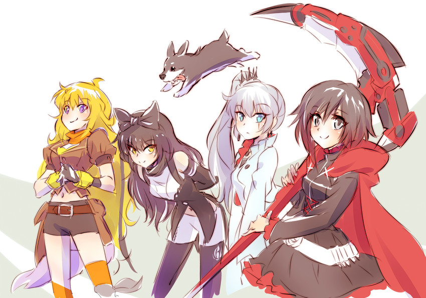 ruby rose, weiss schnee, yang xiao long, blake belladonna, and zwei (rwby) drawn by iesupa