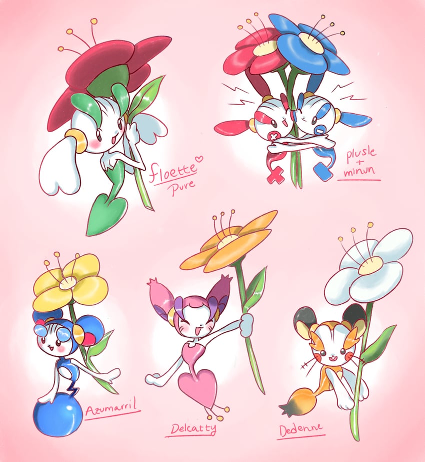 dedenne, minun, plusle, azumarill, floette, and 1 more (pokemon) drawn by eggjoy