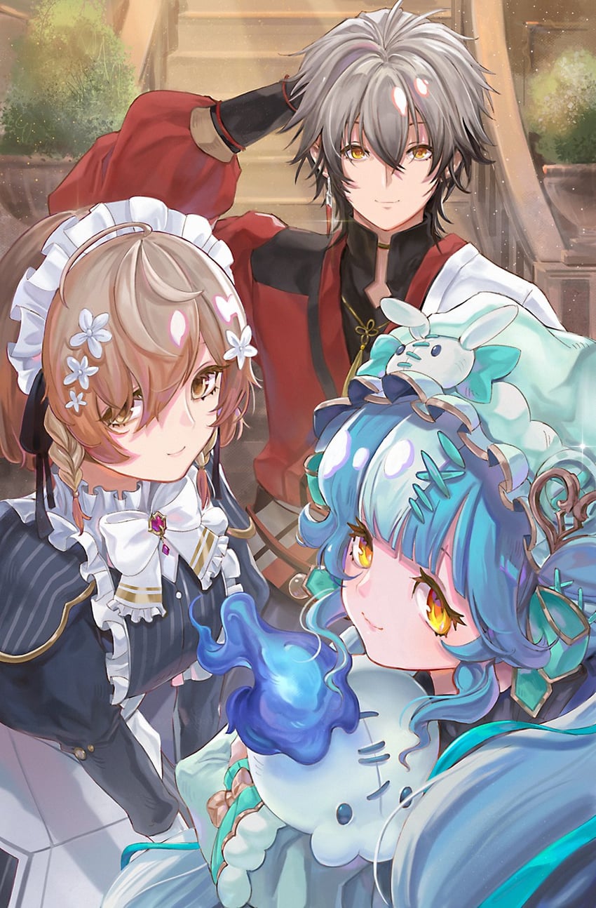 twisty amanozako, klara charmwood, and ryoma barrenwort (nijisanji and 1 more) drawn by kajkayme