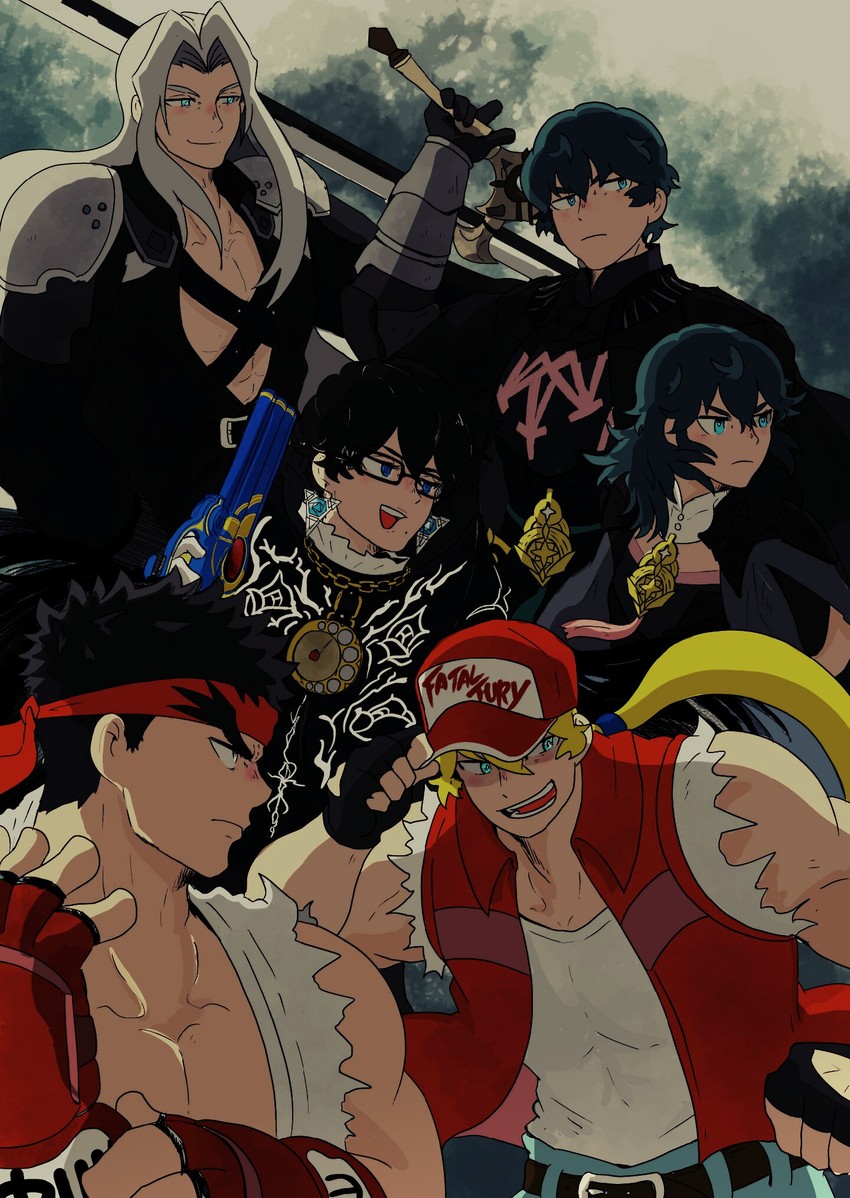 female byleth, sephiroth, male byleth, ryu, bayonetta, and 1 more (fire emblem and 11 more) drawn by ya_tudoki15