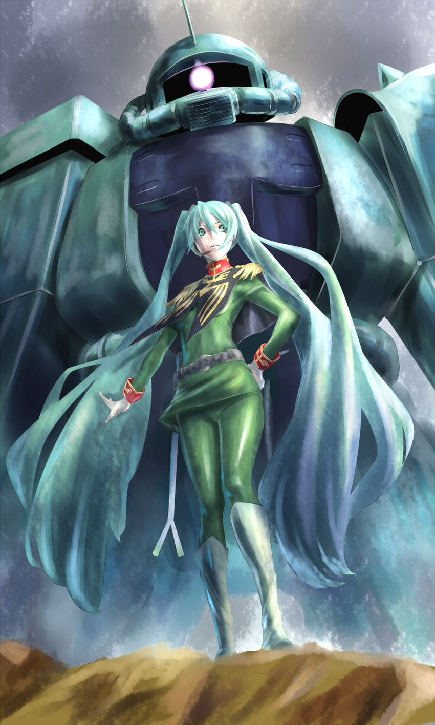 hatsune miku and zaku ii (vocaloid and 2 more) drawn by crimson_(cxrss377)