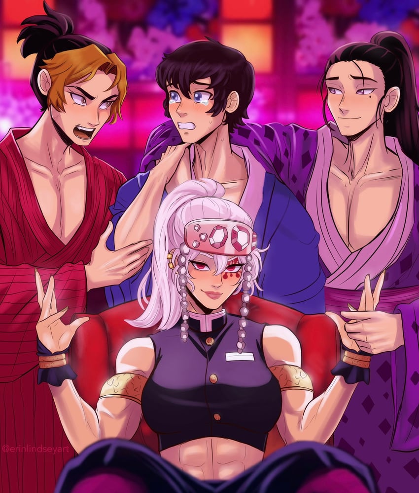 uzui tengen, makio, hinatsuru, and suma (kimetsu no yaiba) drawn by erinlindseyart