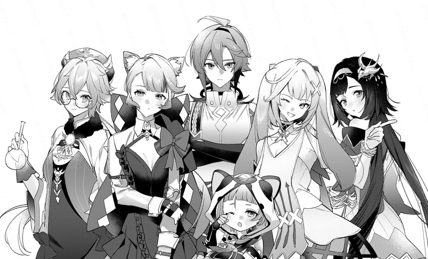 lynette, sucrose, faruzan, shikanoin heizou, sayu, and 1 more (genshin impact) drawn by nitenmanten0