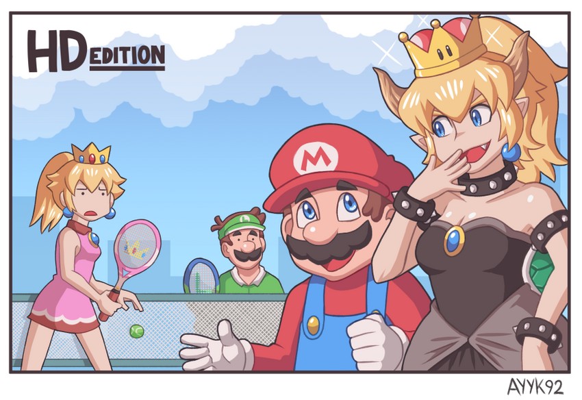 princess peach, mario, bowsette, and luigi (mario and 3 more) drawn by ayyk92